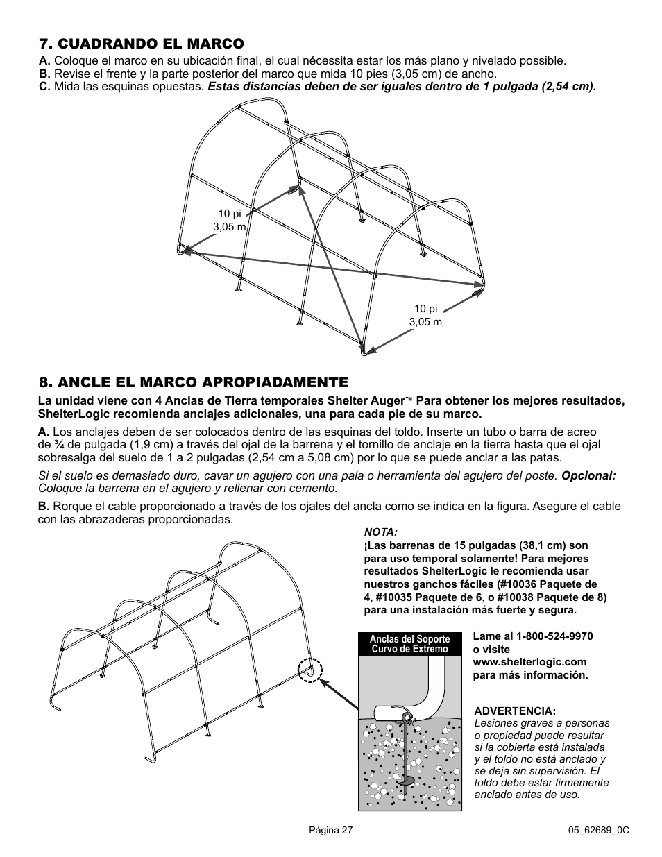 Cuadrando el marco, Ancle el marco apropiadamente | ShelterLogic 62689 10 x 15 x 8 AutoShelter RoundTop 1015 - Sandstone User Manual | Page 27 / 30