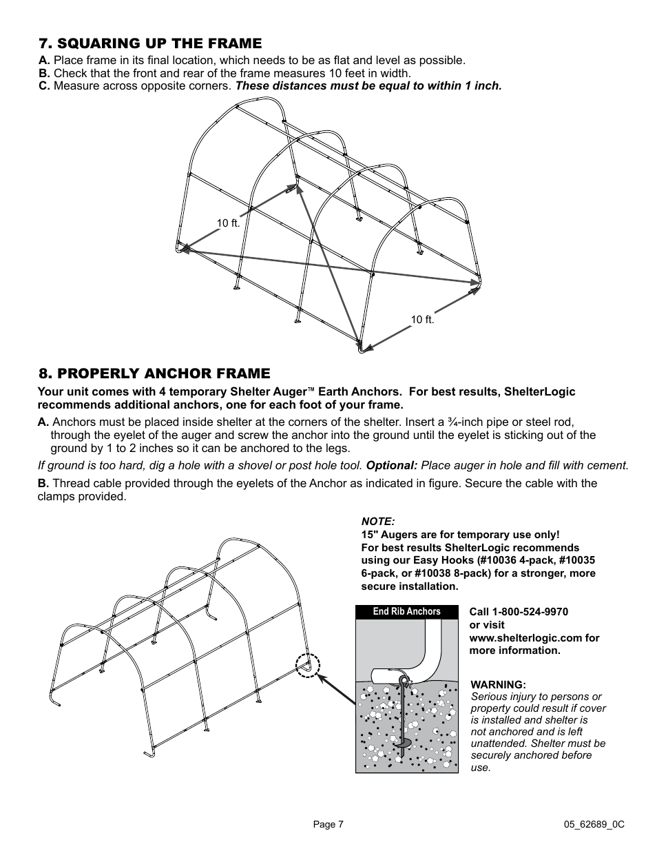 Squaring up the frame, Properly anchor frame | ShelterLogic 62689 10 x 15 x 8 AutoShelter RoundTop 1015 - Sandstone User Manual | Page 7 / 30