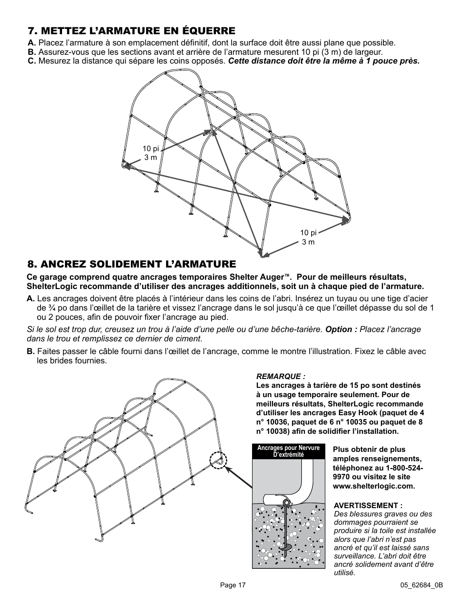 Mettez l’armature en équerre, Ancrez solidement l’armature | ShelterLogic 62684 10 x 20 x 8 AutoShelter RoundTop 1020 - Sandstone User Manual | Page 17 / 30