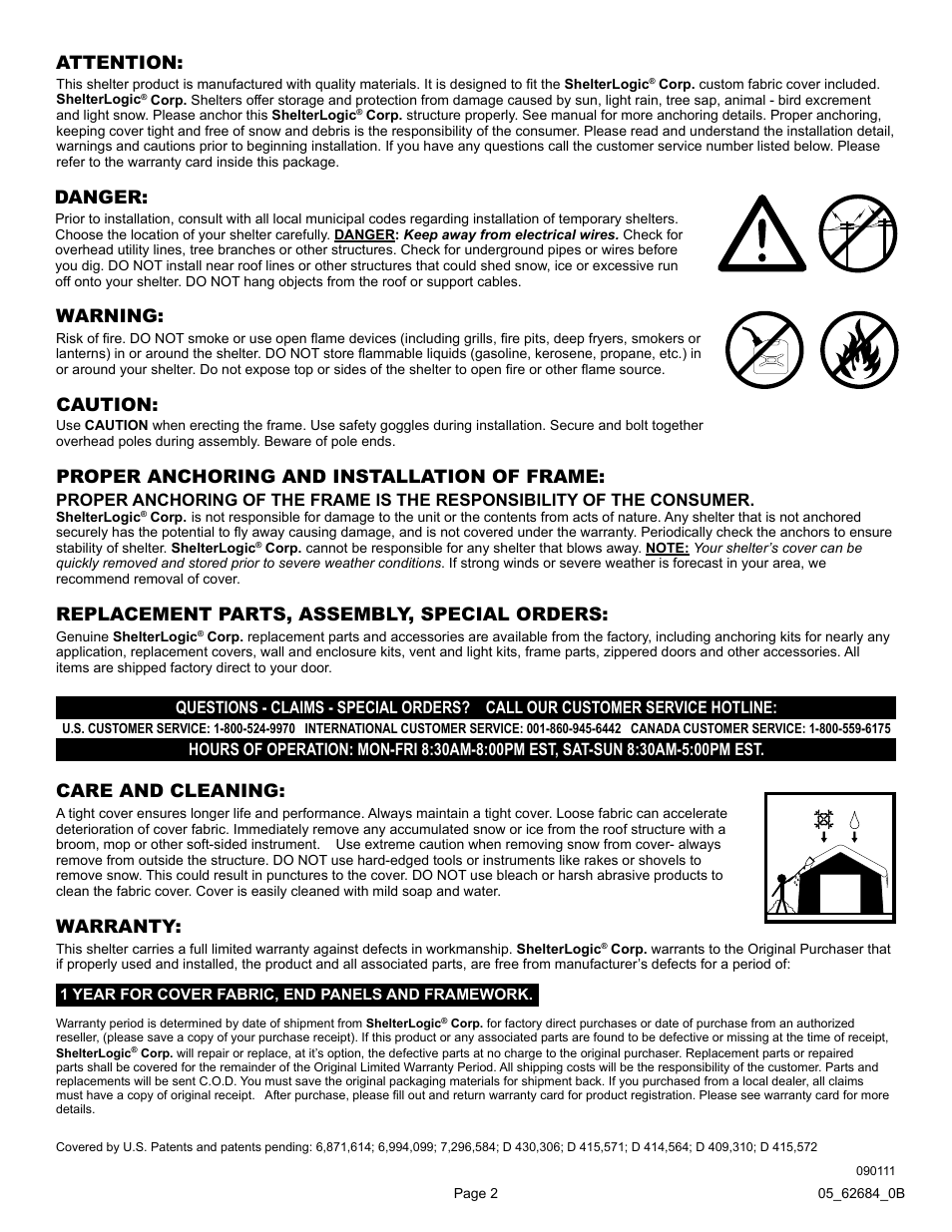 Warning, Proper anchoring and installation of frame, Care and cleaning: attention | Danger: caution, Replacement parts, assembly, special orders, Warranty | ShelterLogic 62684 10 x 20 x 8 AutoShelter RoundTop 1020 - Sandstone User Manual | Page 2 / 30