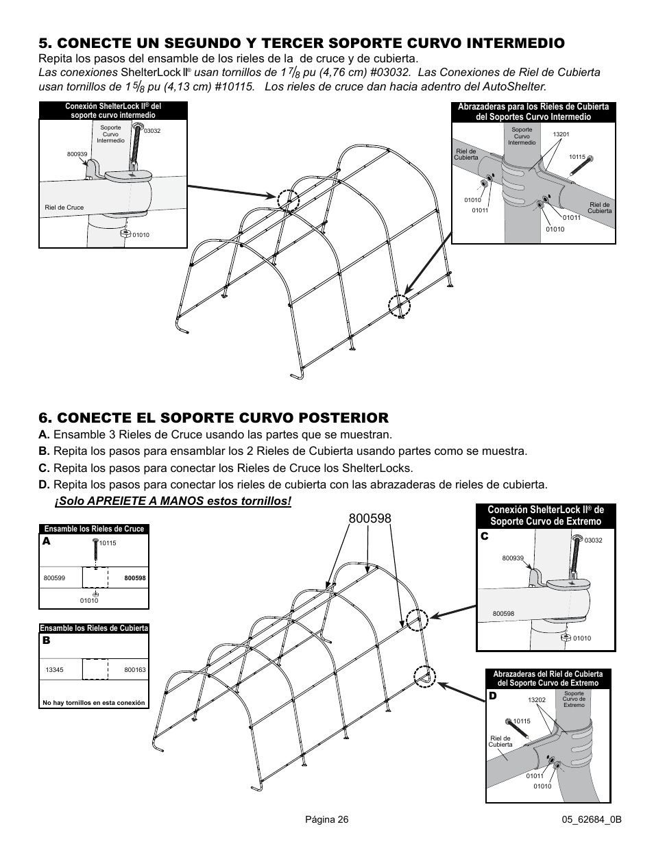 Las conexiones shelterlock ii, Usan tornillos de 1 | ShelterLogic 62684 10 x 20 x 8 AutoShelter RoundTop 1020 - Sandstone User Manual | Page 26 / 30
