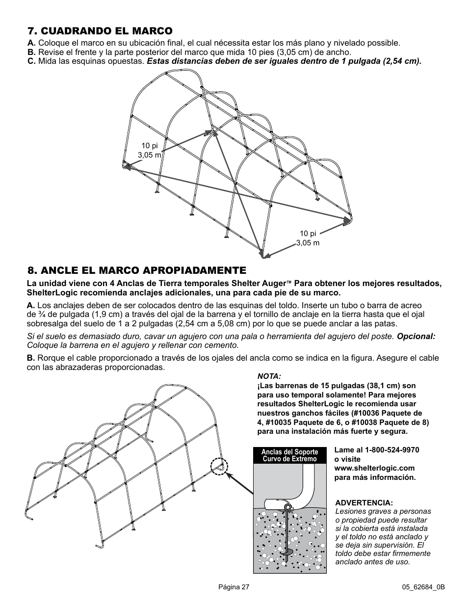 Cuadrando el marco, Ancle el marco apropiadamente | ShelterLogic 62684 10 x 20 x 8 AutoShelter RoundTop 1020 - Sandstone User Manual | Page 27 / 30