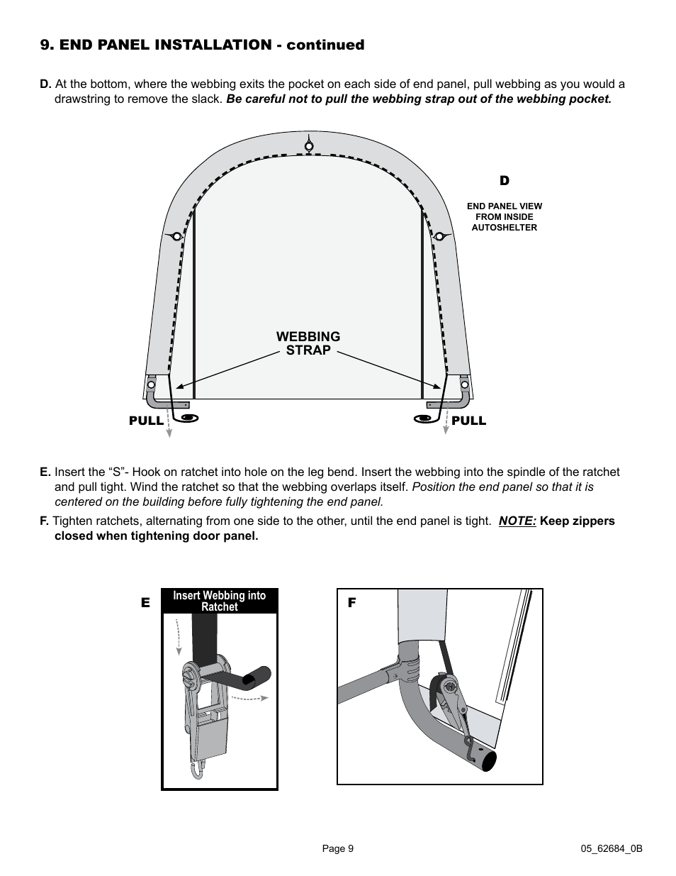 End panel installation - continued | ShelterLogic 62684 10 x 20 x 8 AutoShelter RoundTop 1020 - Sandstone User Manual | Page 9 / 30