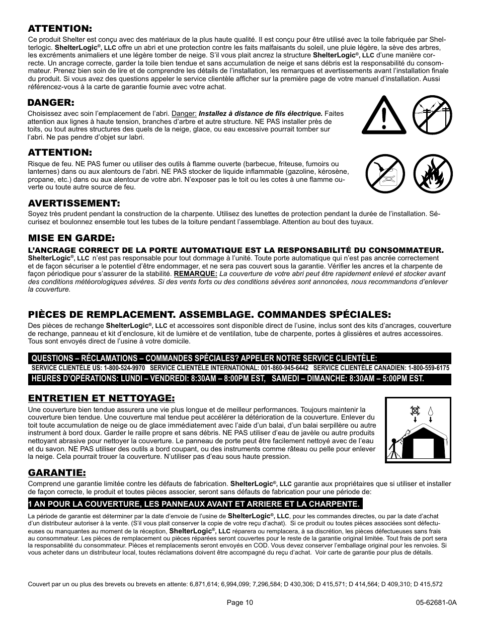 Attention: avertissement, Mise en garde, Entretien et nettoyage | Attention, Danger, Garantie | ShelterLogic 62681 10 x 15 x 8 AutoShelter 1015 User Manual | Page 10 / 24