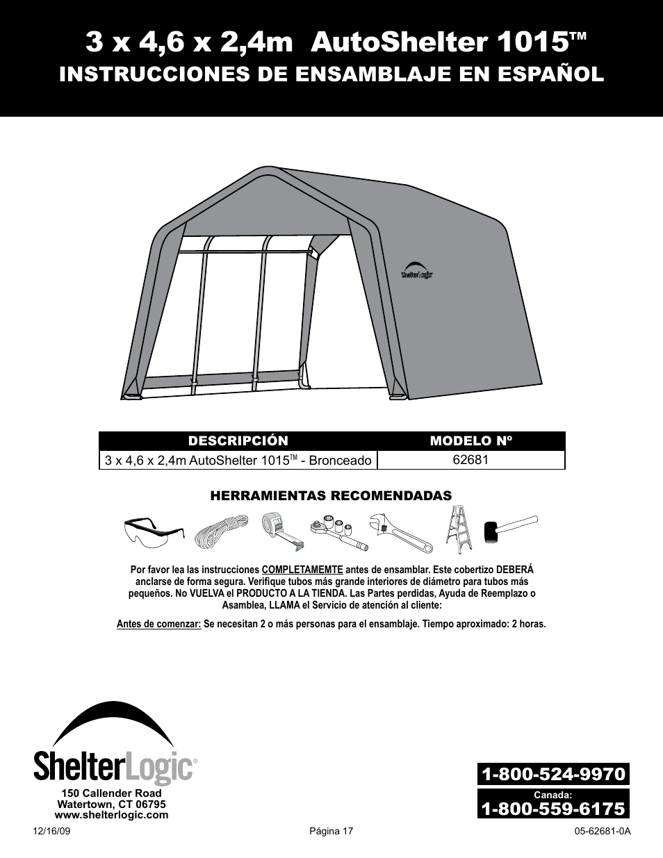 Instrucciones de ensamblaje en español | ShelterLogic 62681 10 x 15 x 8 AutoShelter 1015 User Manual | Page 17 / 24