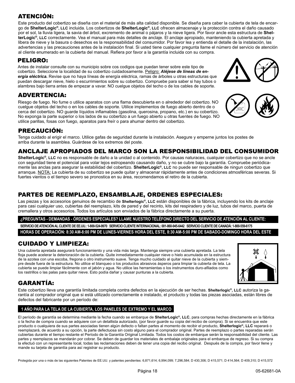 Cuidado y limpieza, Atención, Peligro | Garantía | ShelterLogic 62681 10 x 15 x 8 AutoShelter 1015 User Manual | Page 18 / 24
