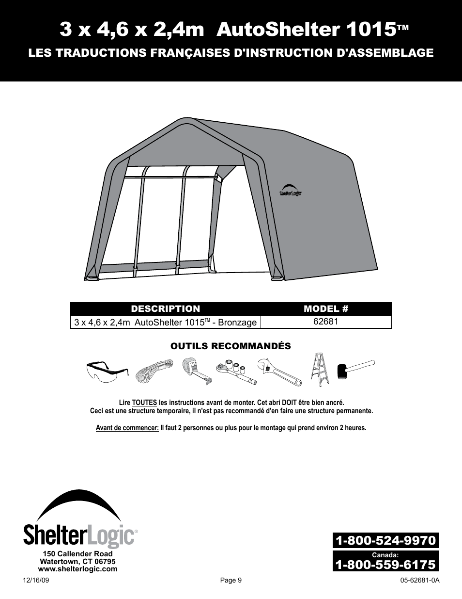 ShelterLogic 62681 10 x 15 x 8 AutoShelter 1015 User Manual | Page 9 / 24