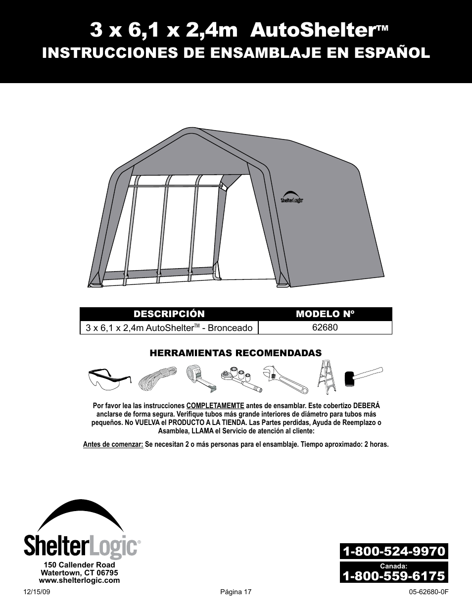 Instrucciones de ensamblaje en español | ShelterLogic 62680 10 x 20 x 8 AutoShelter User Manual | Page 17 / 24