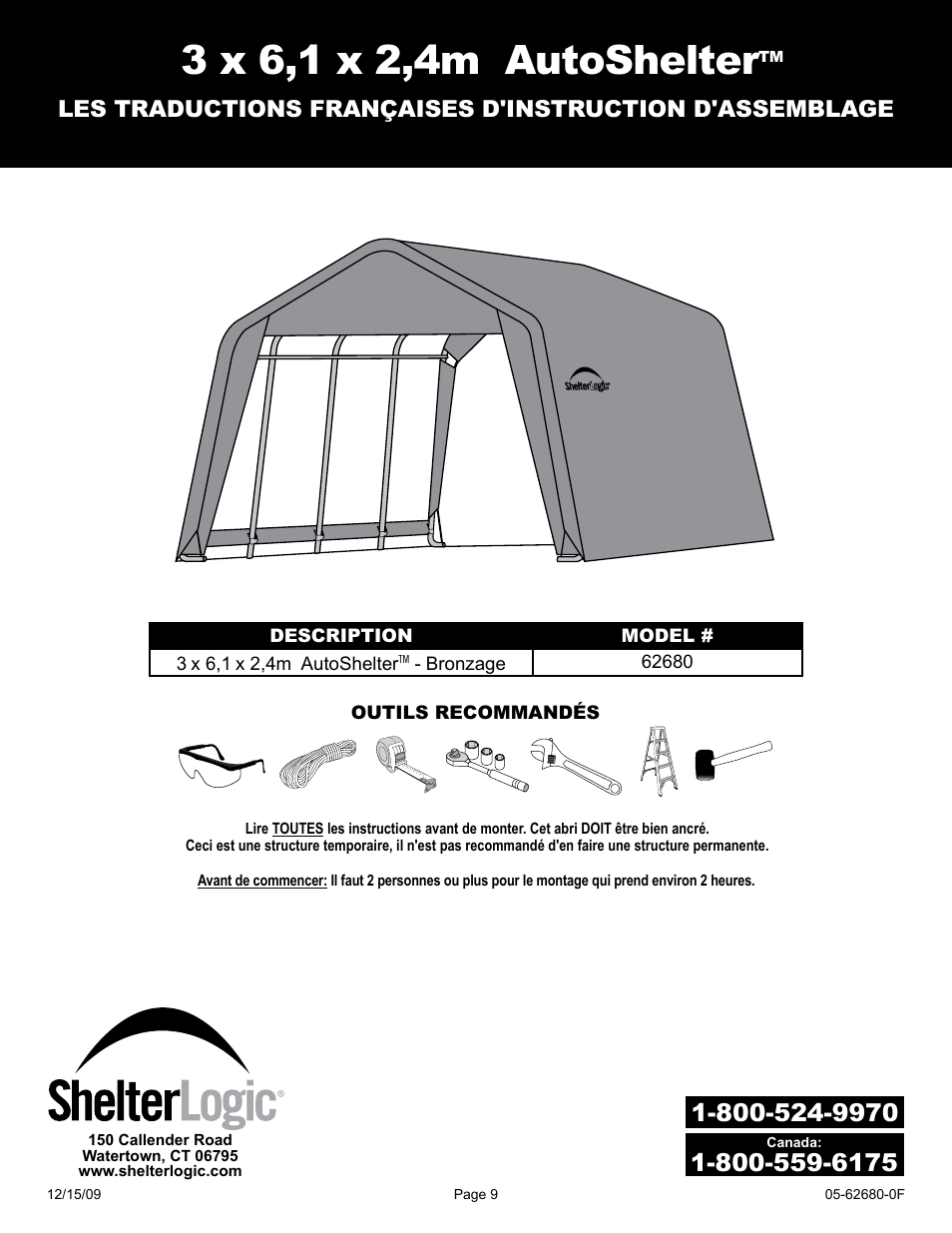 ShelterLogic 62680 10 x 20 x 8 AutoShelter User Manual | Page 9 / 24