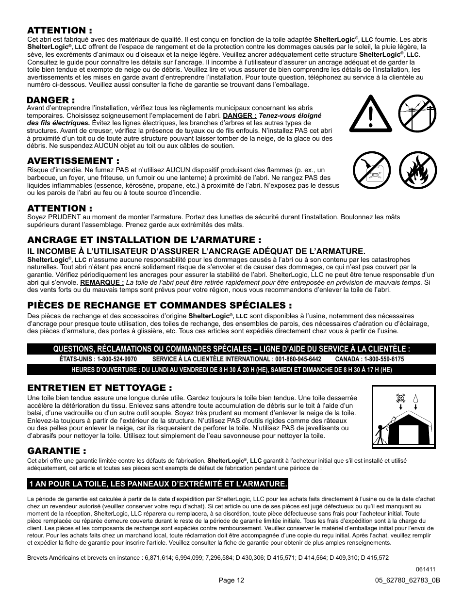 Avertissement, Ancrage et installation de l’armature, Entretien et nettoyage : attention | Danger : attention, Pièces de rechange et commandes spéciales, Garantie | ShelterLogic 62783 Garage-in-a-Box RoundTop User Manual | Page 12 / 30