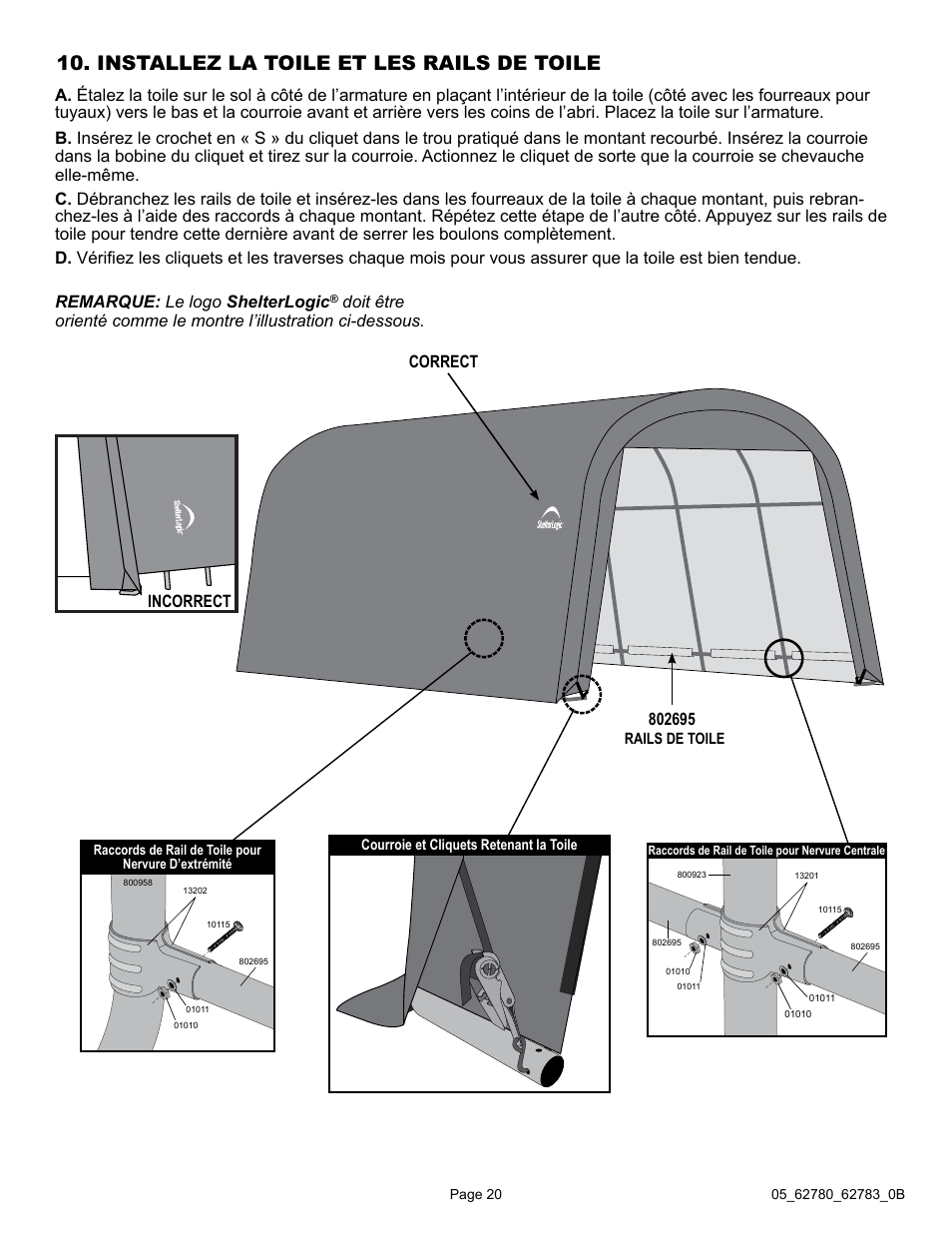 Installez la toile et les rails de toile | ShelterLogic 62783 Garage-in-a-Box RoundTop User Manual | Page 20 / 30