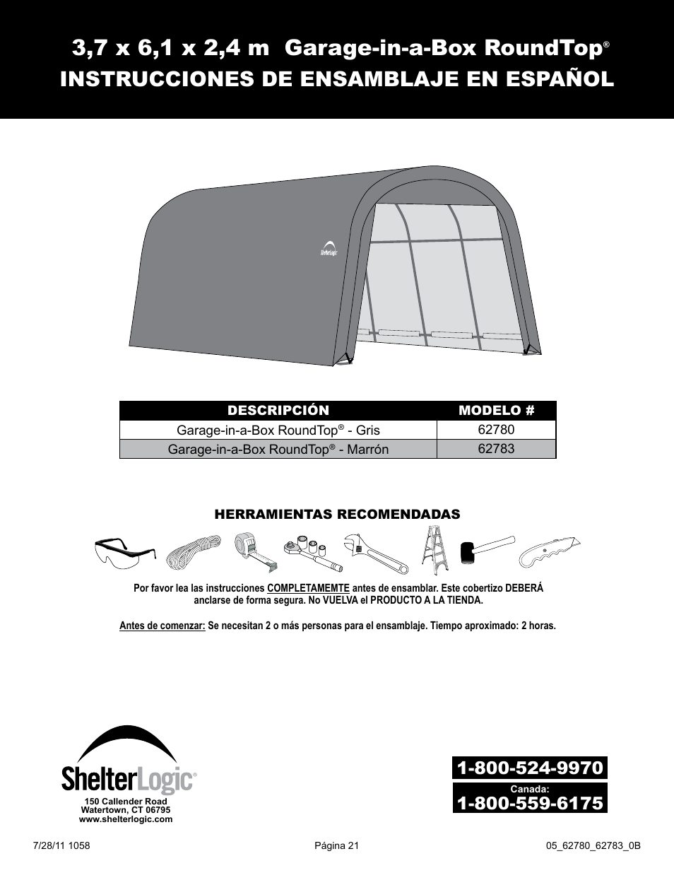 Instrucciones de ensamblaje en español | ShelterLogic 62783 Garage-in-a-Box RoundTop User Manual | Page 21 / 30