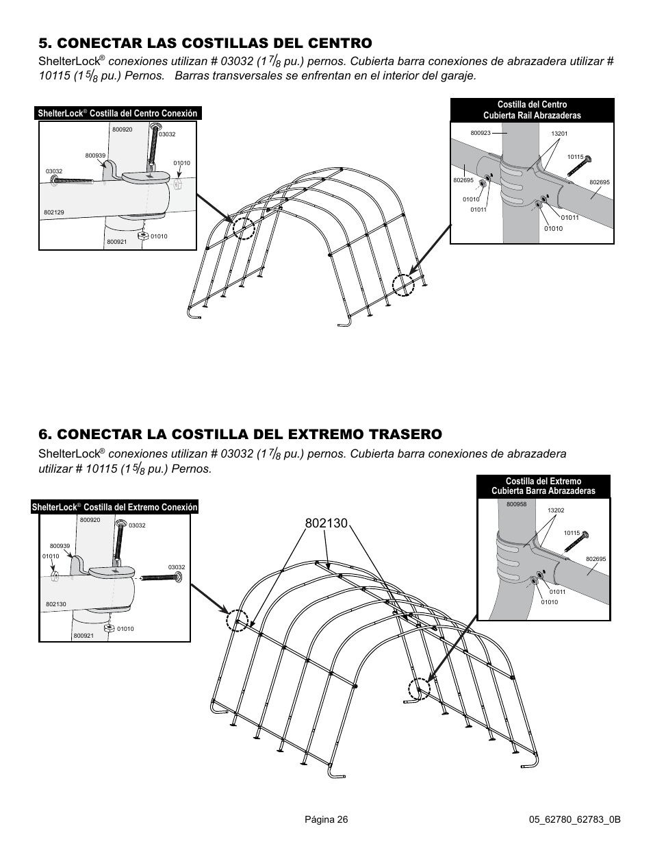 Conectar las costillas del centro, Conectar la costilla del extremo trasero, Shelterlock | Pu.) pernos | ShelterLogic 62783 Garage-in-a-Box RoundTop User Manual | Page 26 / 30