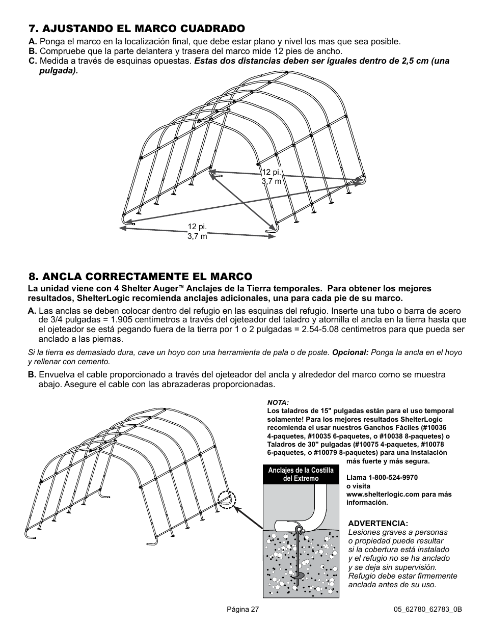 Ancla correctamente el marco, Ajustando el marco cuadrado | ShelterLogic 62783 Garage-in-a-Box RoundTop User Manual | Page 27 / 30