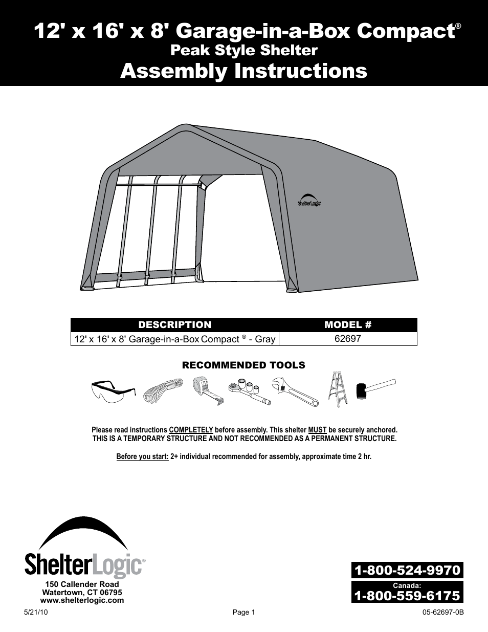 ShelterLogic 62697 12 x 16 x 8 Garage-in-a-Box Compact User Manual | 24 pages