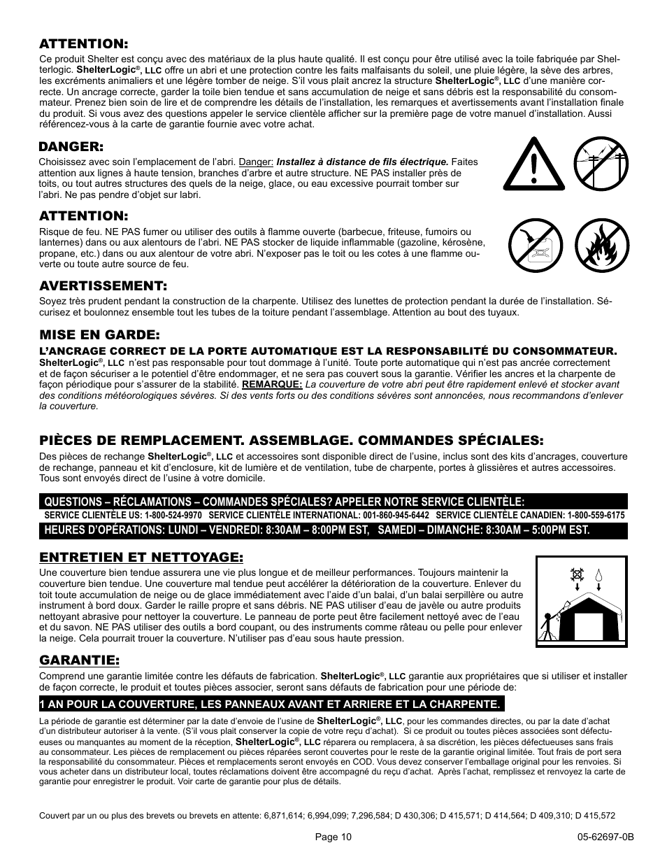 Attention: avertissement, Mise en garde, Entretien et nettoyage | Attention, Danger, Garantie | ShelterLogic 62697 12 x 16 x 8 Garage-in-a-Box Compact User Manual | Page 10 / 24