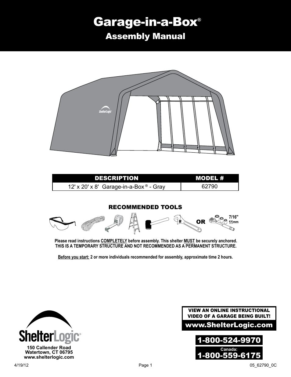 ShelterLogic 62790 12 x 20 x 8 Garage-in-a-Box User Manual | 30 pages