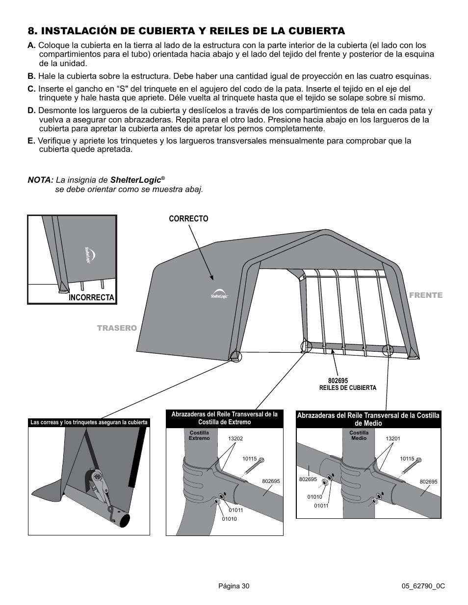 Instalación de cubierta y reiles de la cubierta | ShelterLogic 62790 12 x 20 x 8 Garage-in-a-Box User Manual | Page 30 / 30