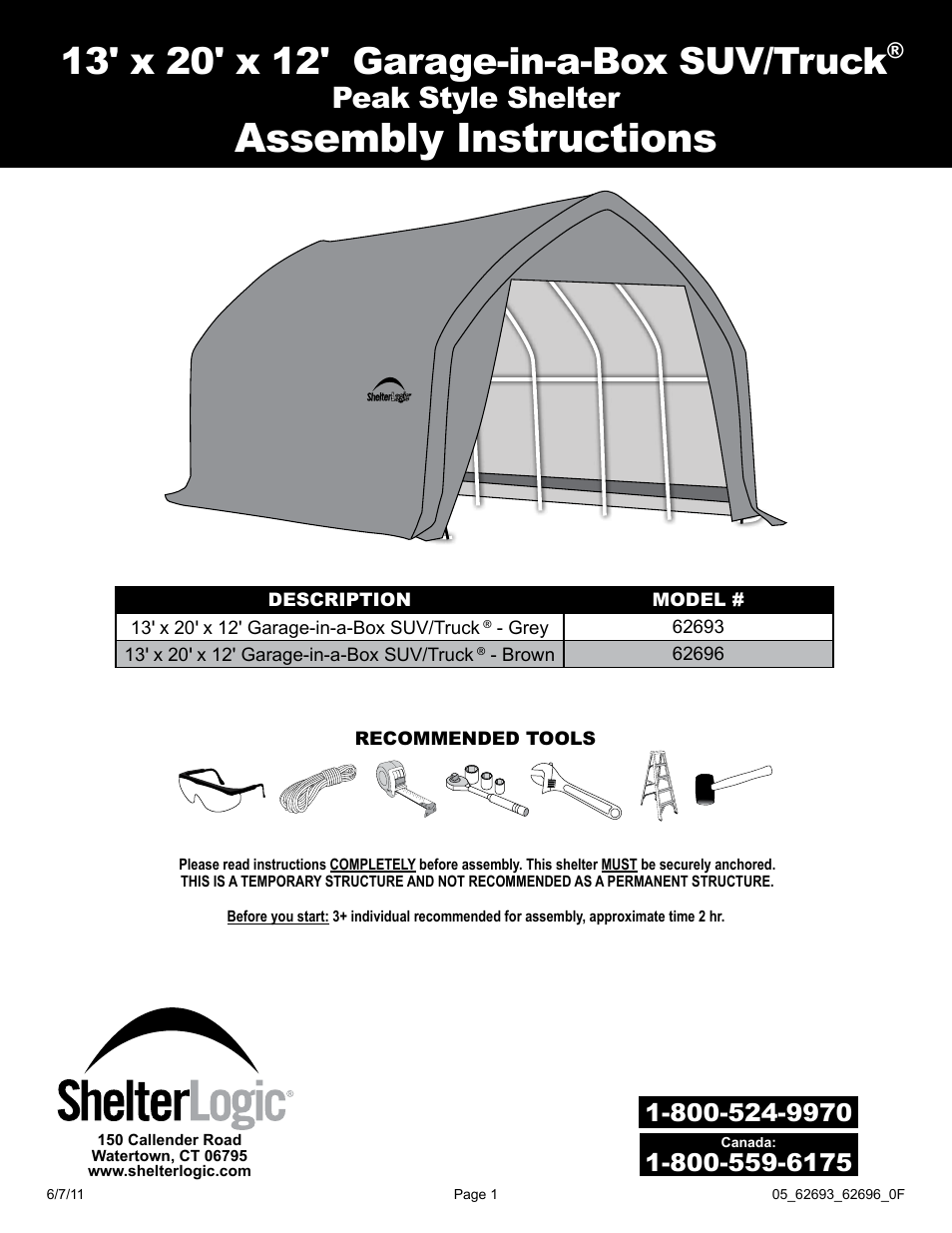 ShelterLogic 62696 13 x 20 x 12 Garage-in-a-Box SUV/Truck User Manual | 27 pages