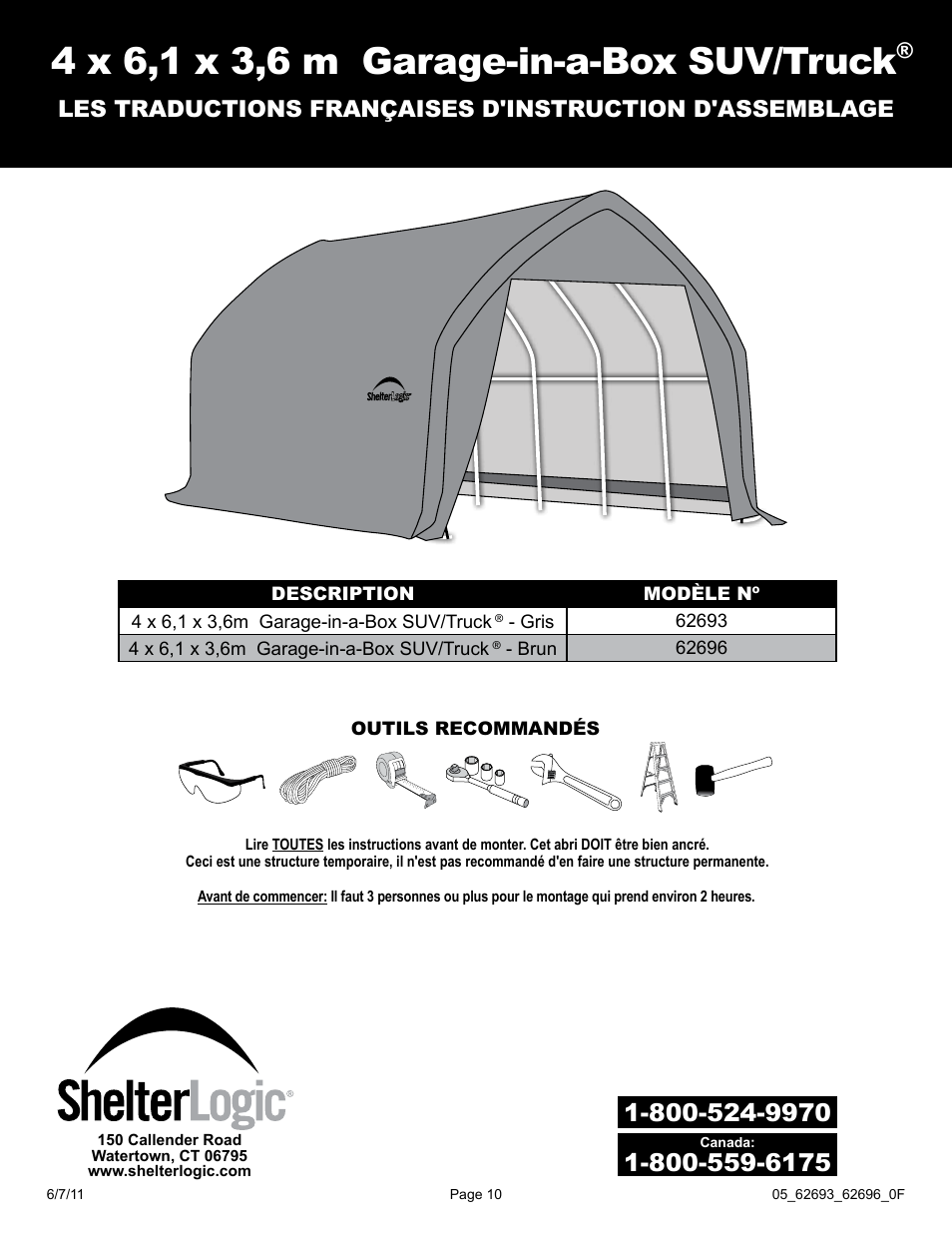 ShelterLogic 62696 13 x 20 x 12 Garage-in-a-Box SUV/Truck User Manual | Page 10 / 27