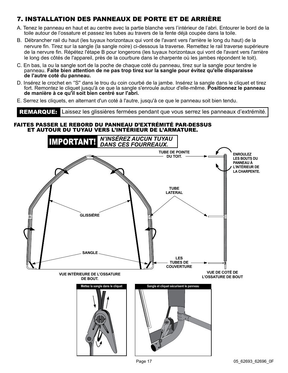 Important, Installation des panneaux de porte et de arrière | ShelterLogic 62696 13 x 20 x 12 Garage-in-a-Box SUV/Truck User Manual | Page 17 / 27