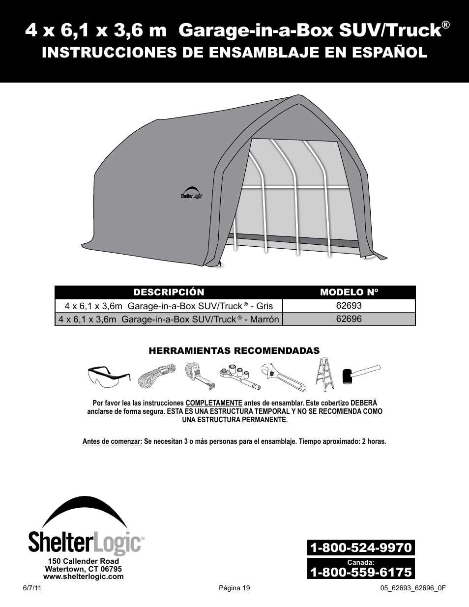 Instrucciones de ensamblaje en español | ShelterLogic 62696 13 x 20 x 12 Garage-in-a-Box SUV/Truck User Manual | Page 19 / 27