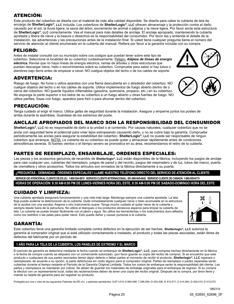 Cuidado y limpieza, Atención, Peligro | Garantía | ShelterLogic 62696 13 x 20 x 12 Garage-in-a-Box SUV/Truck User Manual | Page 20 / 27