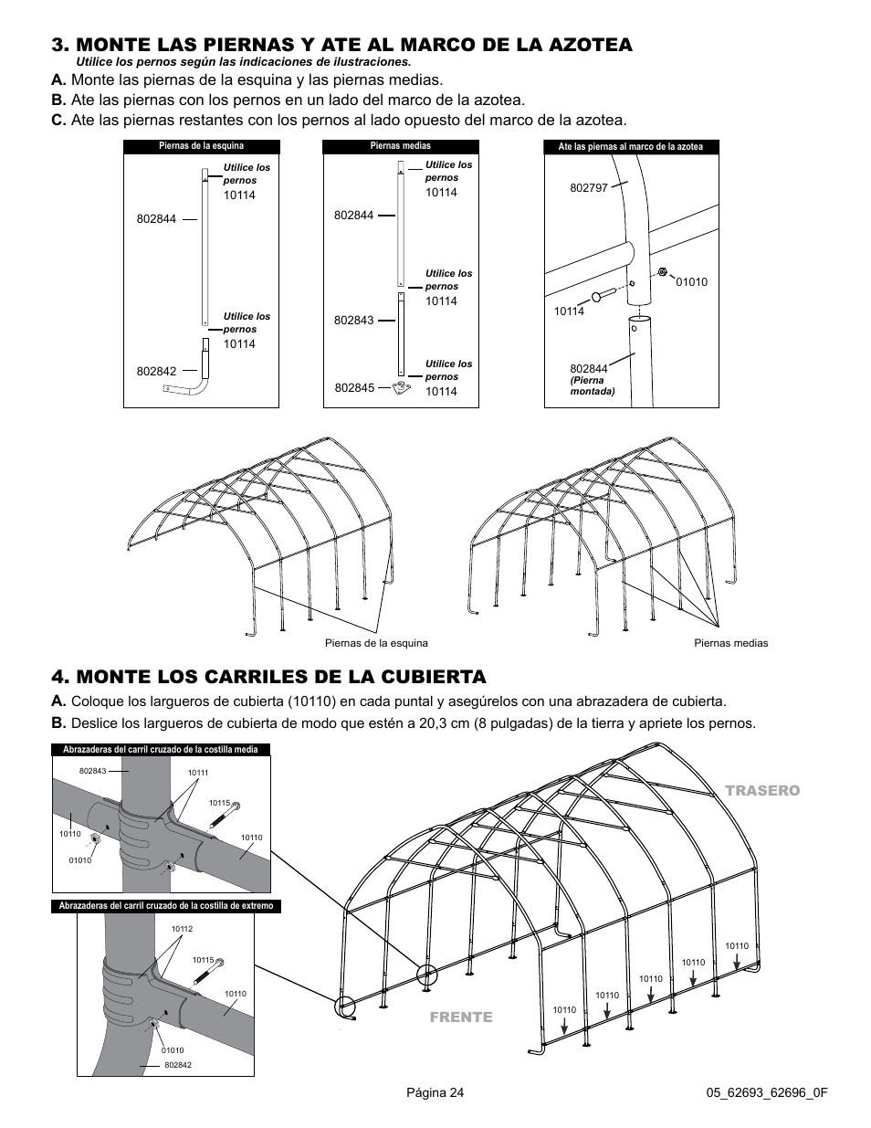Monte las piernas y ate al marco de la azotea, Monte los carriles de la cubierta | ShelterLogic 62696 13 x 20 x 12 Garage-in-a-Box SUV/Truck User Manual | Page 24 / 27