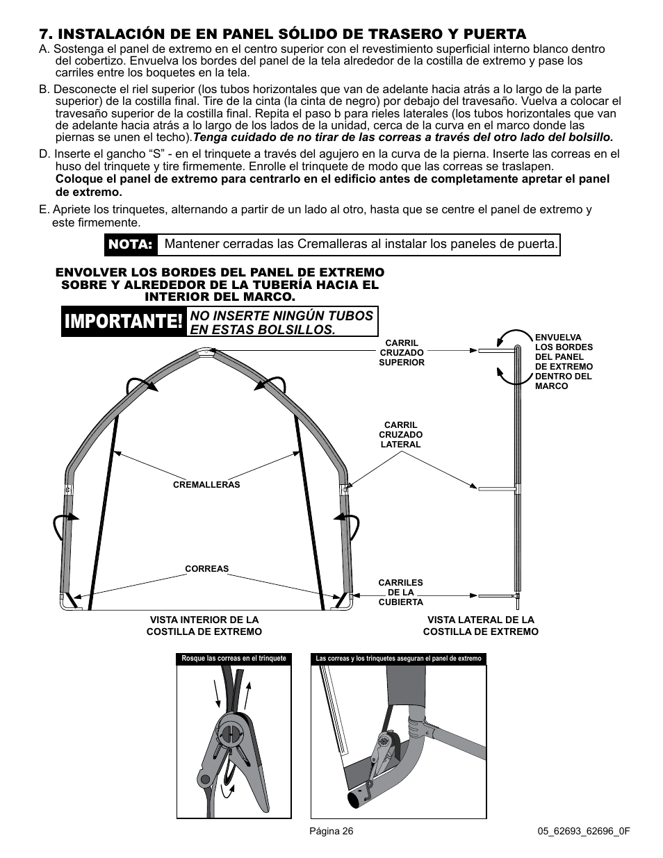 Importante, Instalación de en panel sólido de trasero y puerta | ShelterLogic 62696 13 x 20 x 12 Garage-in-a-Box SUV/Truck User Manual | Page 26 / 27