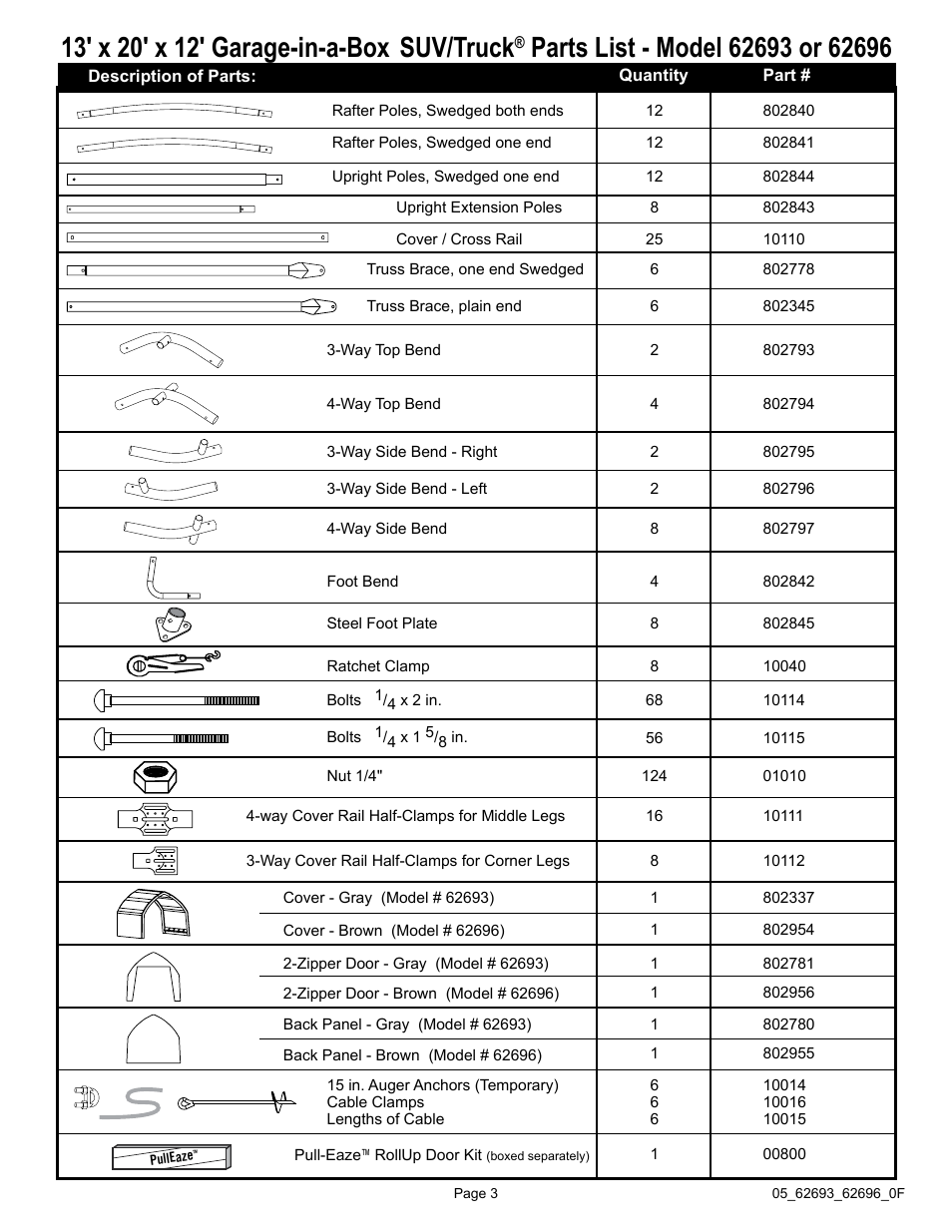 ShelterLogic 62696 13 x 20 x 12 Garage-in-a-Box SUV/Truck User Manual | Page 3 / 27