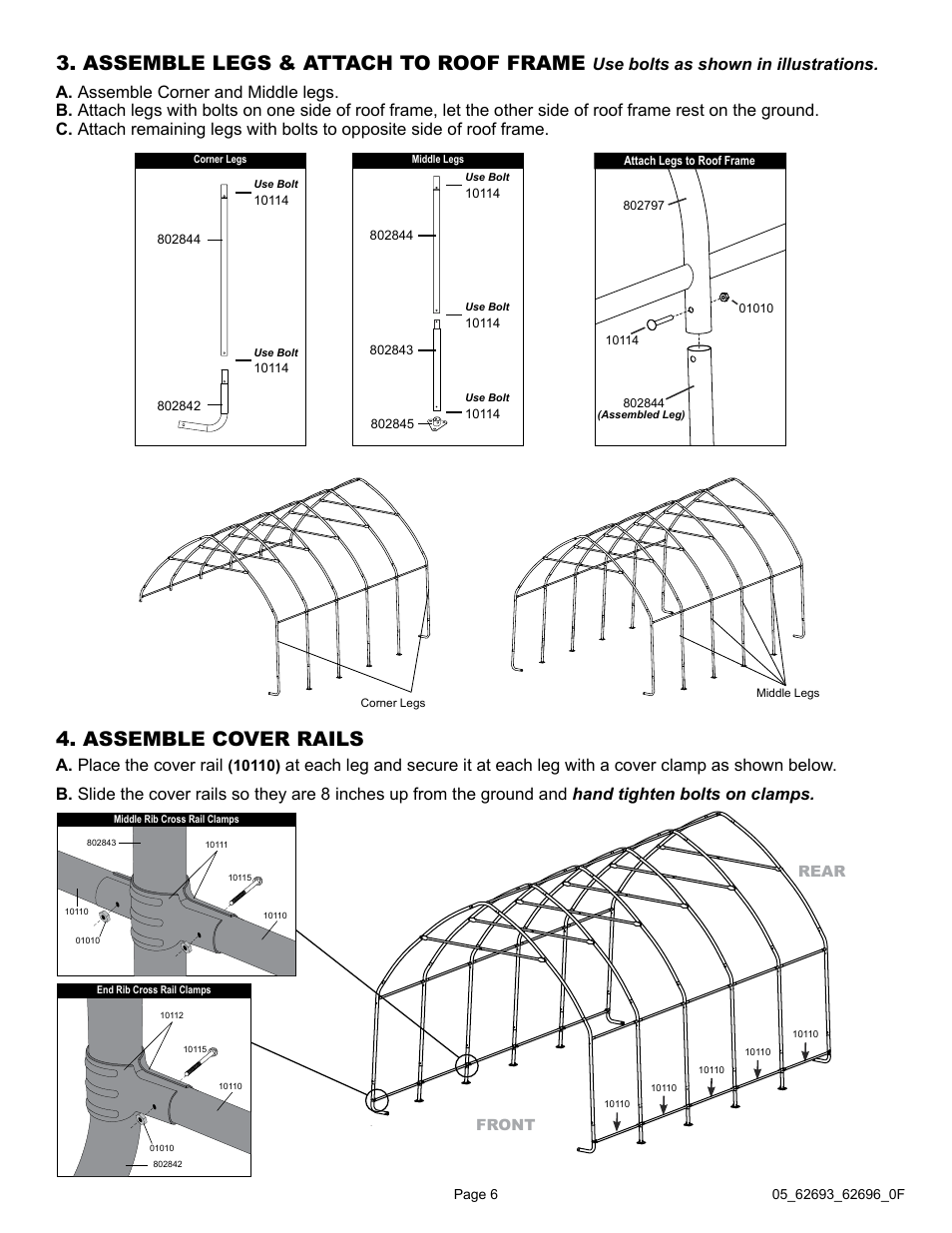 Assemble legs & attach to roof frame, Assemble cover rails, Use bolts as shown in illustrations | A. place the cover rail | ShelterLogic 62696 13 x 20 x 12 Garage-in-a-Box SUV/Truck User Manual | Page 6 / 27