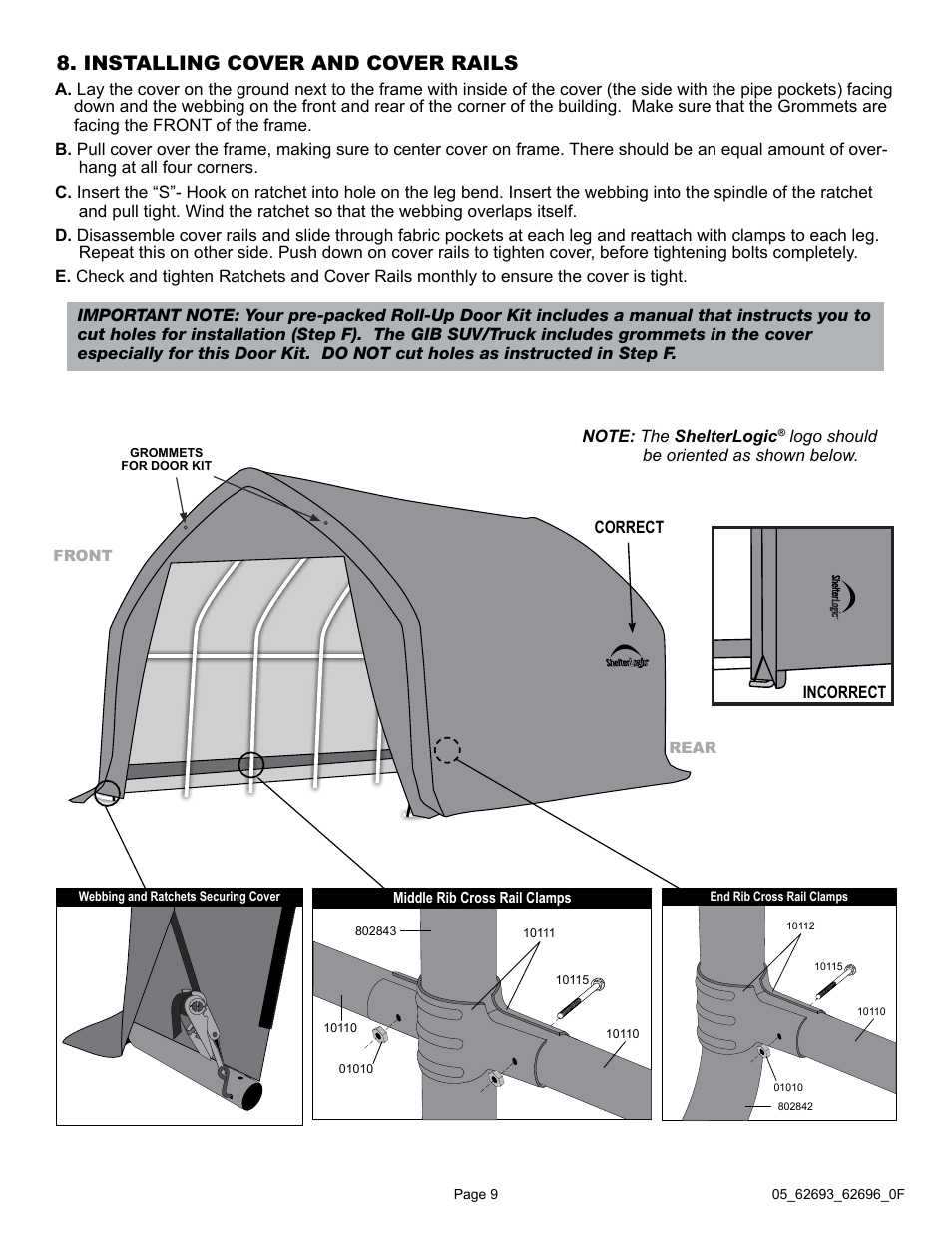 Installing cover and cover rails | ShelterLogic 62696 13 x 20 x 12 Garage-in-a-Box SUV/Truck User Manual | Page 9 / 27