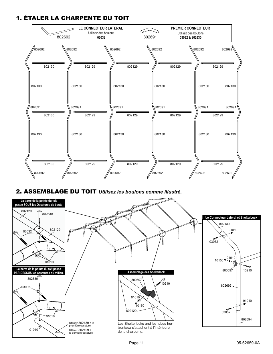 Étaler la charpente du toit 2. assemblage du toit, Utilisez les boulons comme illustré | ShelterLogic 62659 12 x 20 x 8 Port-in-a-Box User Manual | Page 11 / 21