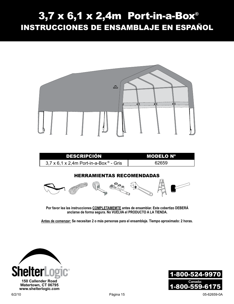 Instrucciones de ensamblaje en español | ShelterLogic 62659 12 x 20 x 8 Port-in-a-Box User Manual | Page 15 / 21