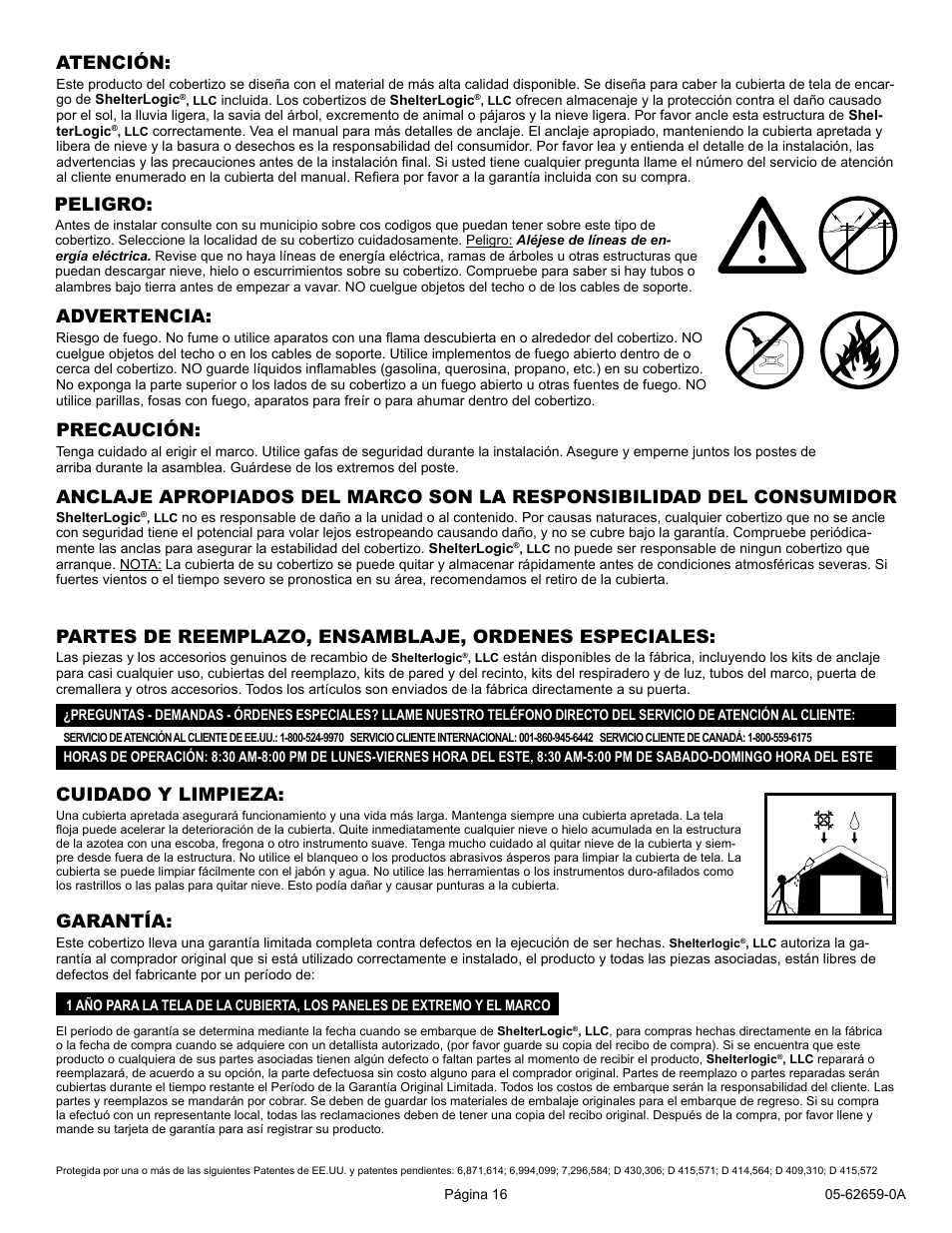 Cuidado y limpieza, Atención, Peligro | Garantía | ShelterLogic 62659 12 x 20 x 8 Port-in-a-Box User Manual | Page 16 / 21