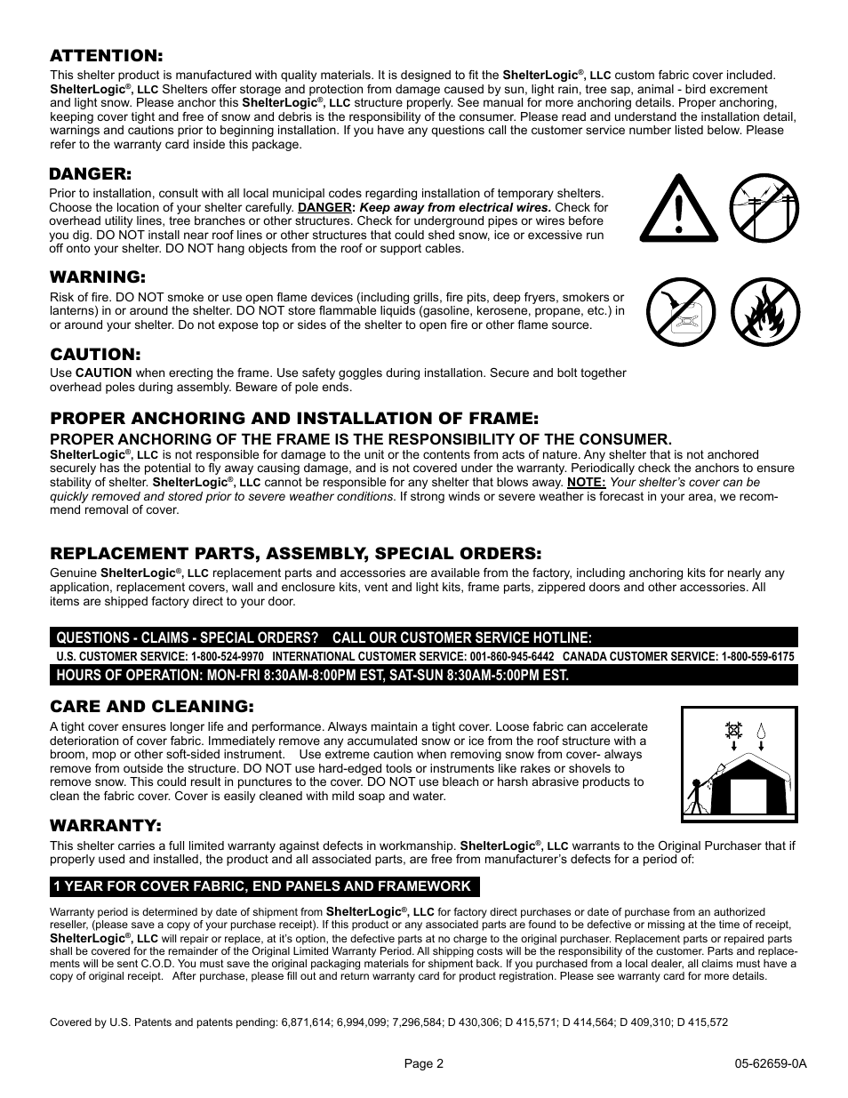 Warning: caution, Proper anchoring and installation of frame, Care and cleaning | Attention, Danger, Replacement parts, assembly, special orders, Warranty | ShelterLogic 62659 12 x 20 x 8 Port-in-a-Box User Manual | Page 2 / 21