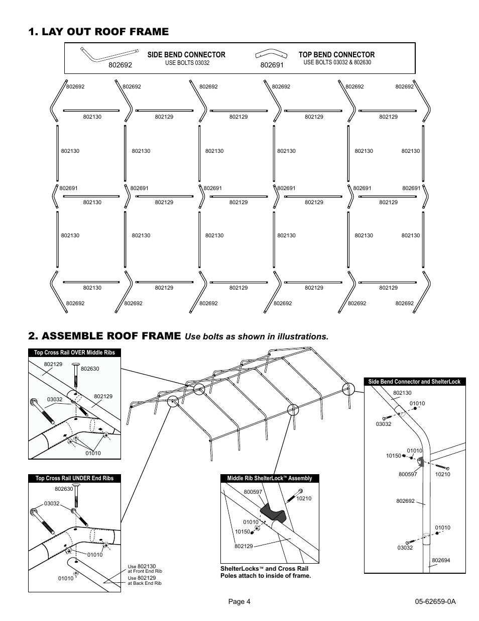 Lay out roof frame 2. assemble roof frame, Use bolts as shown in illustrations, Top bend connector side bend connector | ShelterLogic 62659 12 x 20 x 8 Port-in-a-Box User Manual | Page 4 / 21