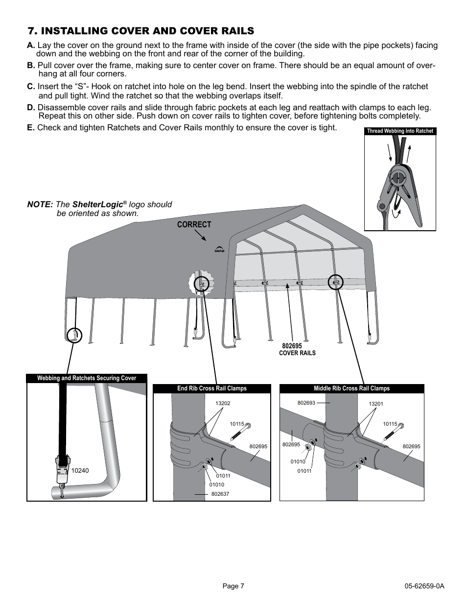 Installing cover and cover rails, Correct, Logo should be oriented as shown | ShelterLogic 62659 12 x 20 x 8 Port-in-a-Box User Manual | Page 7 / 21