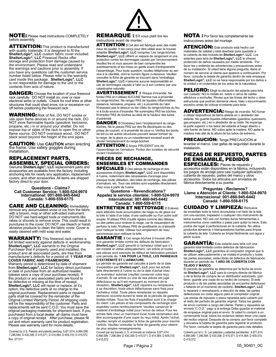 Nota, Remarque, Caution | Care and cleaning, Cuidado y limpieza, Warranty, Garantía, Replacement parts, assembly, special orders, Warning, Advertencia | ShelterLogic 90401 4 ft. Covered Firewood Rack User Manual | Page 2 / 3