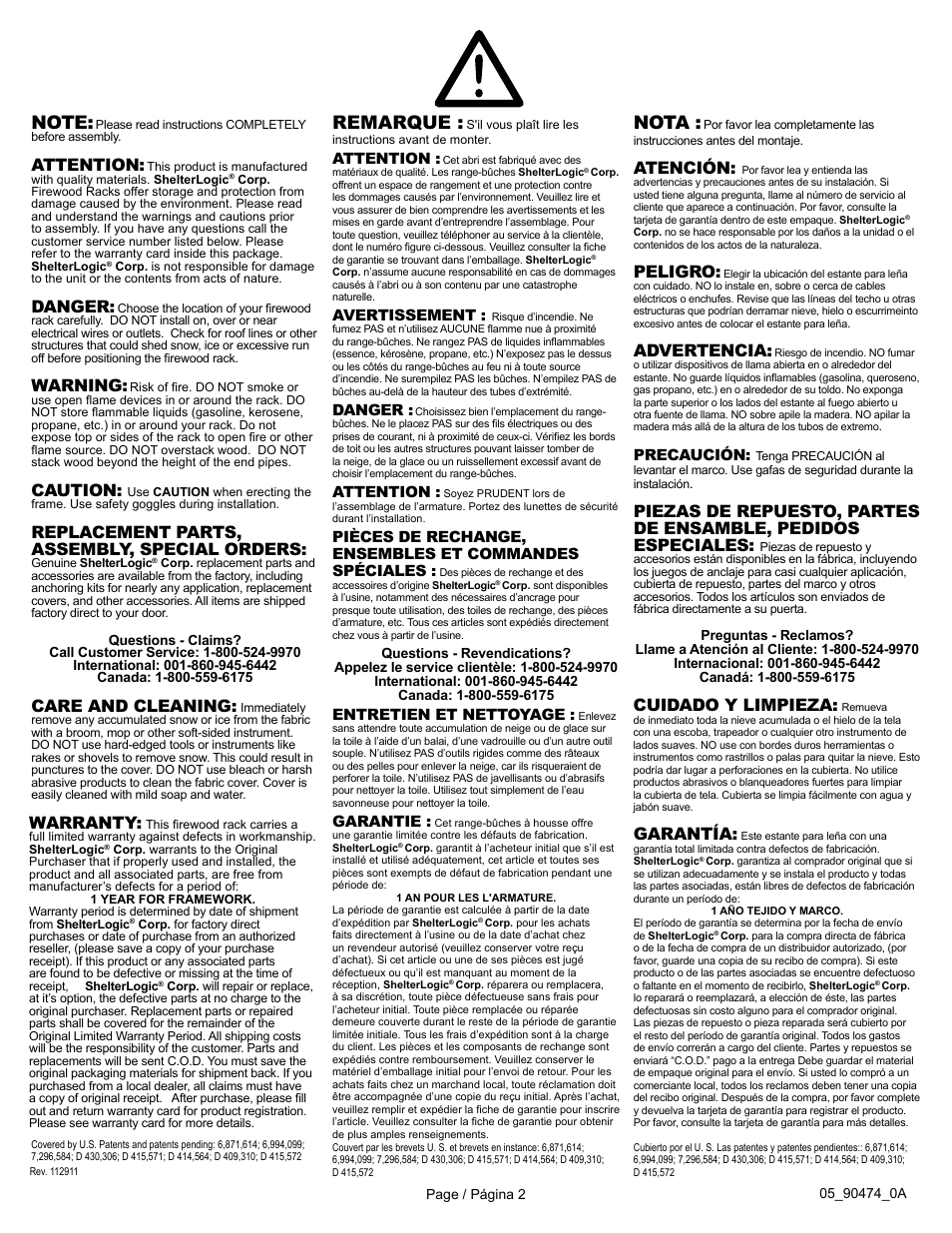 Nota, Remarque, Caution | Care and cleaning, Cuidado y limpieza, Warranty, Garantía, Replacement parts, assembly, special orders, Warning, Advertencia | ShelterLogic 90474 Firewood Rack with Cover User Manual | Page 2 / 4