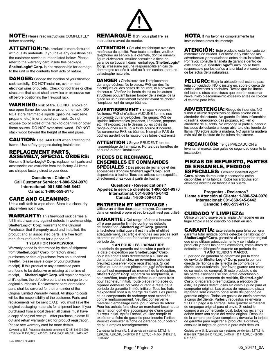 Nota, Remarque, Caution | Care and cleaning, Cuidado y limpieza, Warranty, Garantía, Replacement parts, assembly, special orders, Warning, Advertencia | ShelterLogic 90471 Firewood Rack User Manual | Page 2 / 3