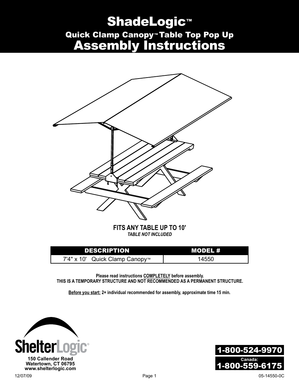 ShelterLogic 14550 7 4 x 10 Quick Clamp Canopy User Manual | 12 pages