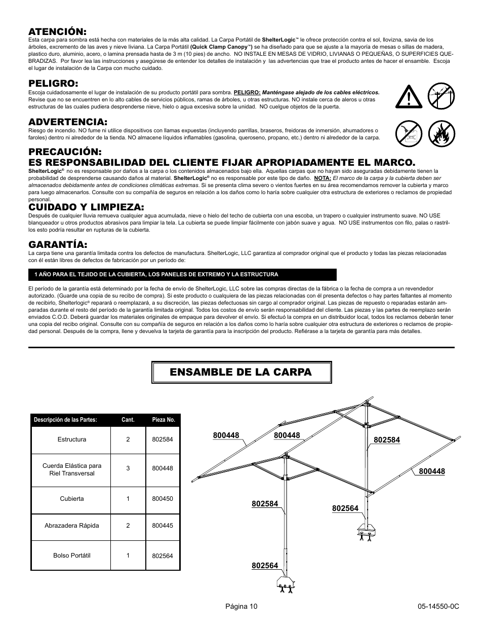 Ensamble de la carpa, Cuidado y limpieza | ShelterLogic 14550 7 4 x 10 Quick Clamp Canopy User Manual | Page 10 / 12