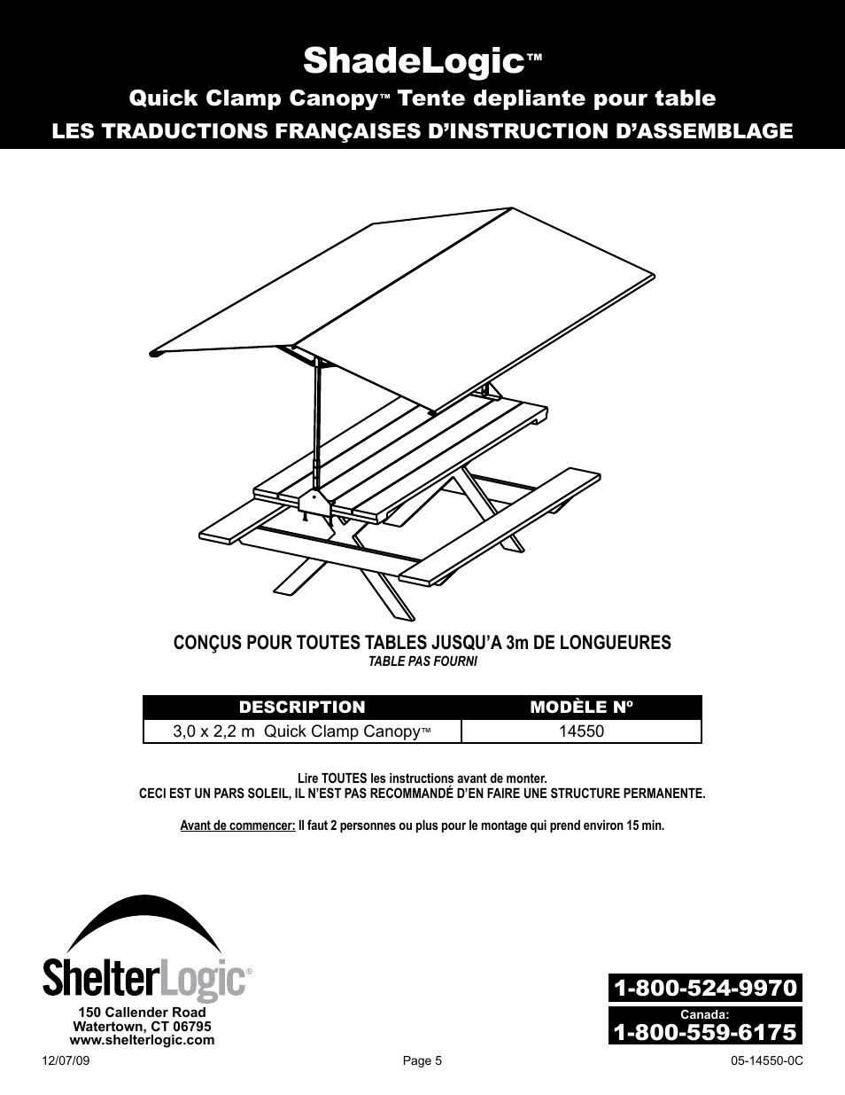 Shadelogic, Quick clamp canopy, Tente depliante pour table | ShelterLogic 14550 7 4 x 10 Quick Clamp Canopy User Manual | Page 5 / 12