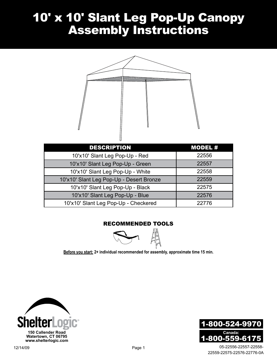 ShelterLogic 22776 10x10 Slant Leg Pop-Up User Manual | 12 pages