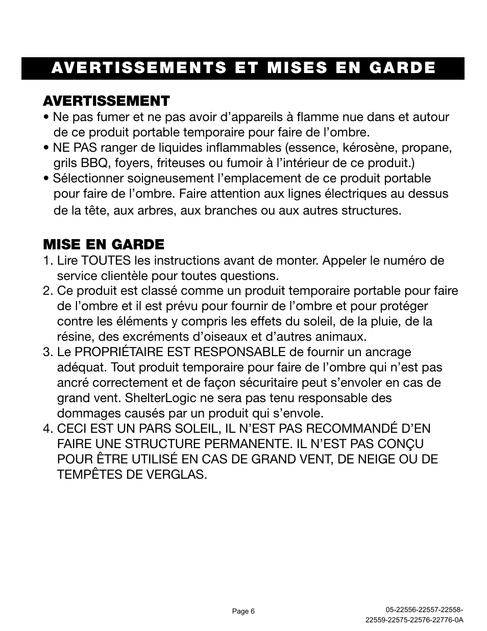 Avertissements et mises en garde, Avertissement, Mise en garde | ShelterLogic 22776 10x10 Slant Leg Pop-Up User Manual | Page 6 / 12