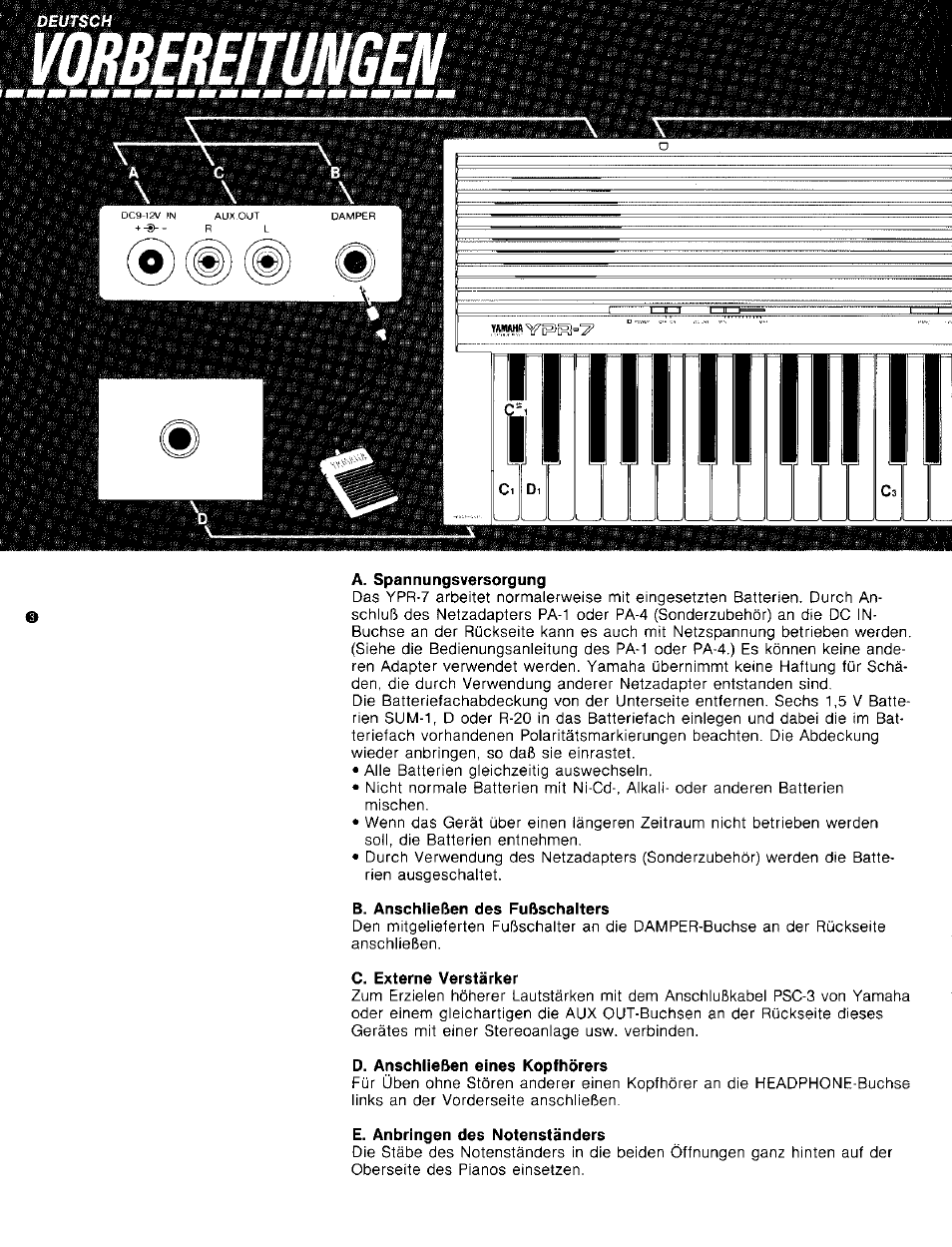 A. spannungsversorgung, B. anschließen des fußschalters, C. externe verstärker | D. anschließen eines kopfhörers, E. anbringen des notenständers | Yamaha YPR-7 User Manual | Page 2 / 6