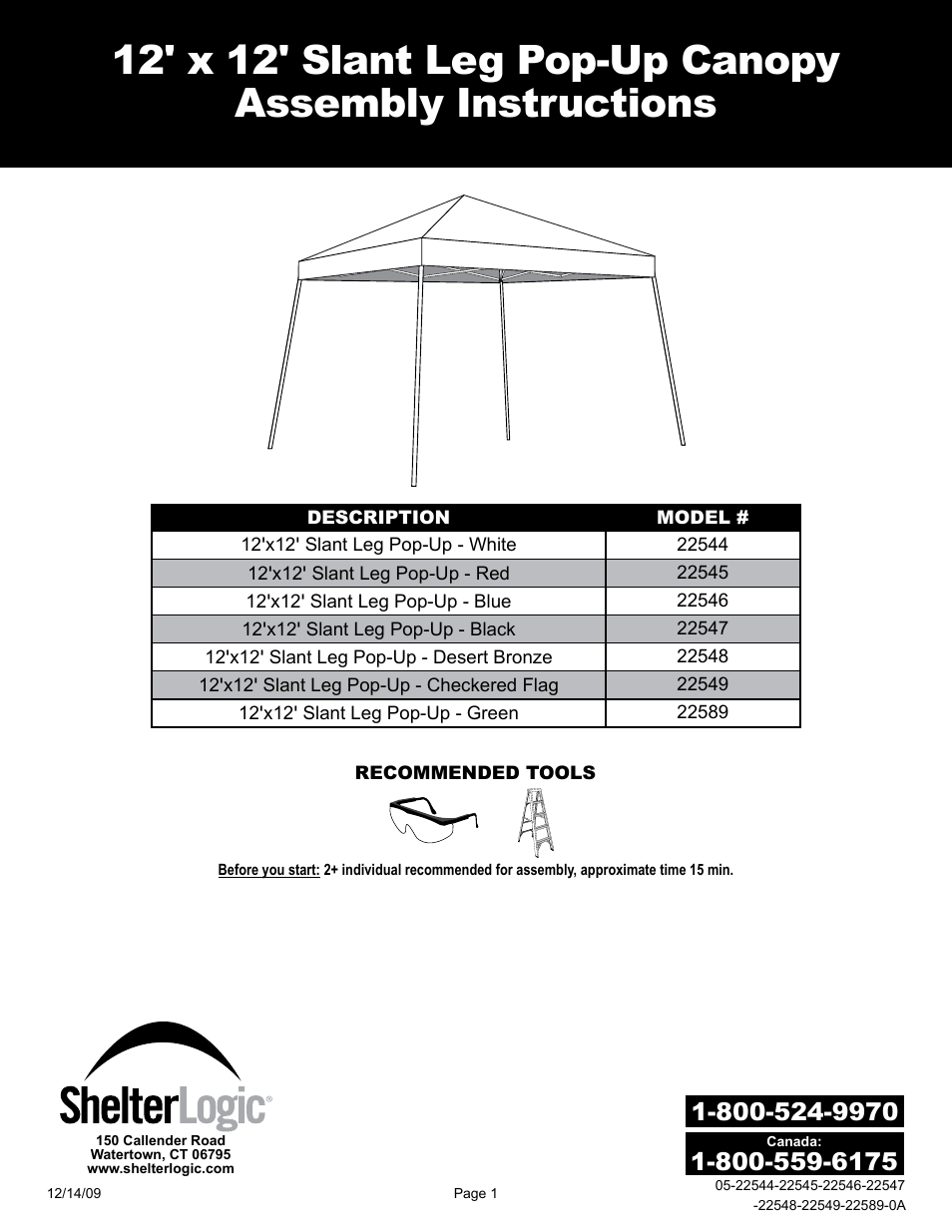ShelterLogic 22589 12x12 Slant Leg Pop-Up User Manual | 12 pages