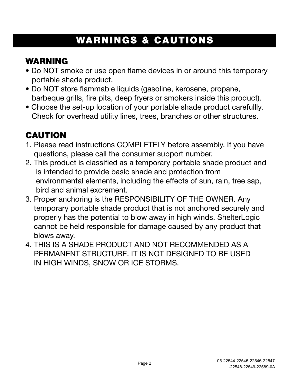 Warnings & cautions, Warning, Caution | ShelterLogic 22589 12x12 Slant Leg Pop-Up User Manual | Page 2 / 12