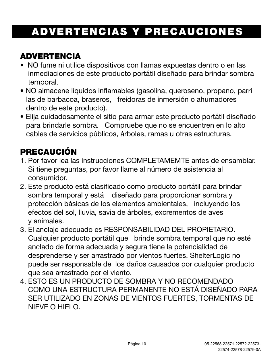 Advertencias y precauciones, Advertencia, Precaución | ShelterLogic 22578-22579 8x8 Slant Leg Pop-Up User Manual | Page 10 / 12